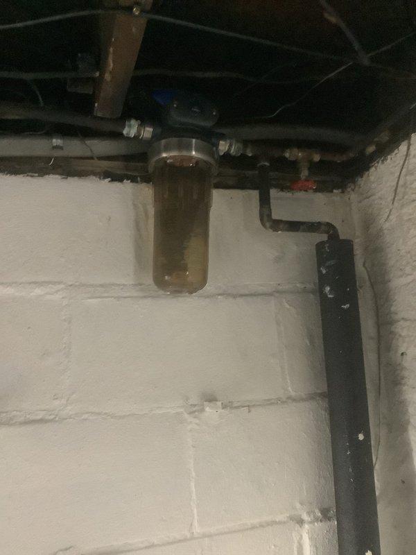 Conducted assessment of residential water filtration system in 108-year-old home. Observed significant sediment buildup in transparent filter cylinder and evidence of water damage on basement cinderblock walls. Provided customer with replacement options for outdated filtration system to address water quality concerns.