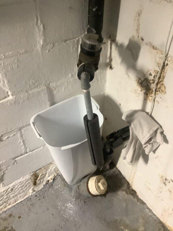 Conducted assessment of residential water filtration system in 108-year-old home. Observed significant sediment buildup in transparent filter cylinder and evidence of water damage on basement cinderblock walls. Provided customer with replacement options for outdated filtration system to address water quality concerns.