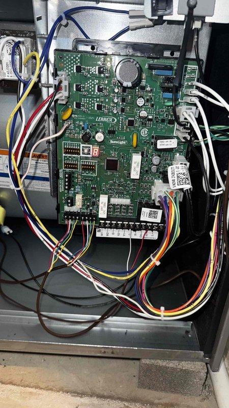 Completed warranty service on Lennox system, replacing defective blower motor, module, control board, and motor harness. Verified proper installation of new green Lennox circuit board with all wiring connections properly secured. System operating correctly after repair.