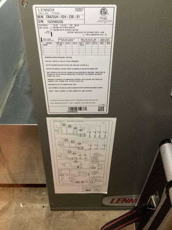Responded to no-heat emergency call for elderly customer concerned about freezing pipes. Inspected Lennox air handler model CBA25UH-024-230-01 and found clogged air filter causing restricted airflow. Replaced filter, verified proper system operation, and restored heat to residence.