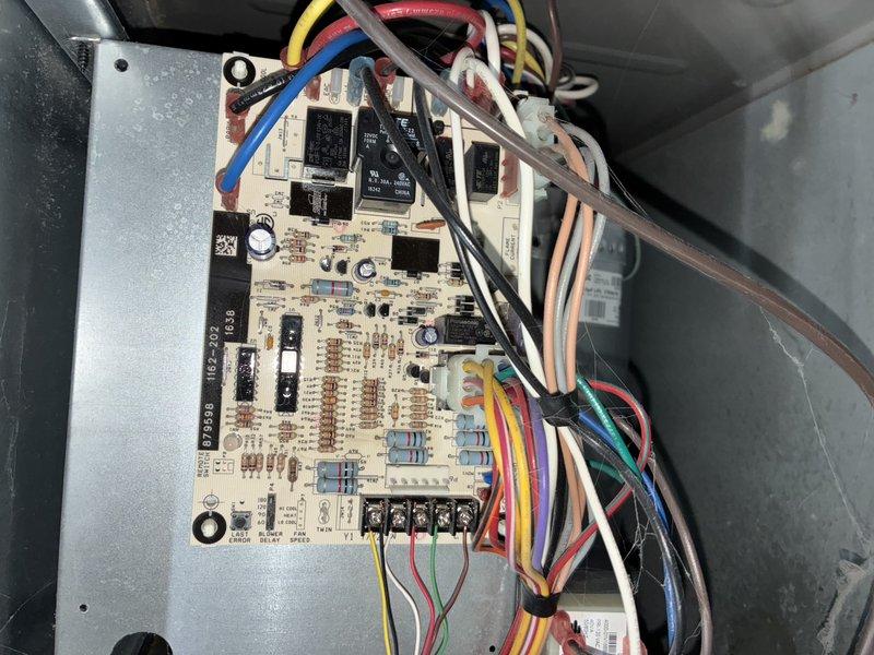 Responded to no heat call for 20-year-old furnace that was restarting but operating at reduced capacity with constant beeping. Diagnostic inspection revealed failing blower motor with deteriorated wiring connections and a compromised control board showing signs of electrical component failure. Replaced blower motor assembly and control board to restore proper system functionality and eliminate alarm condition.
