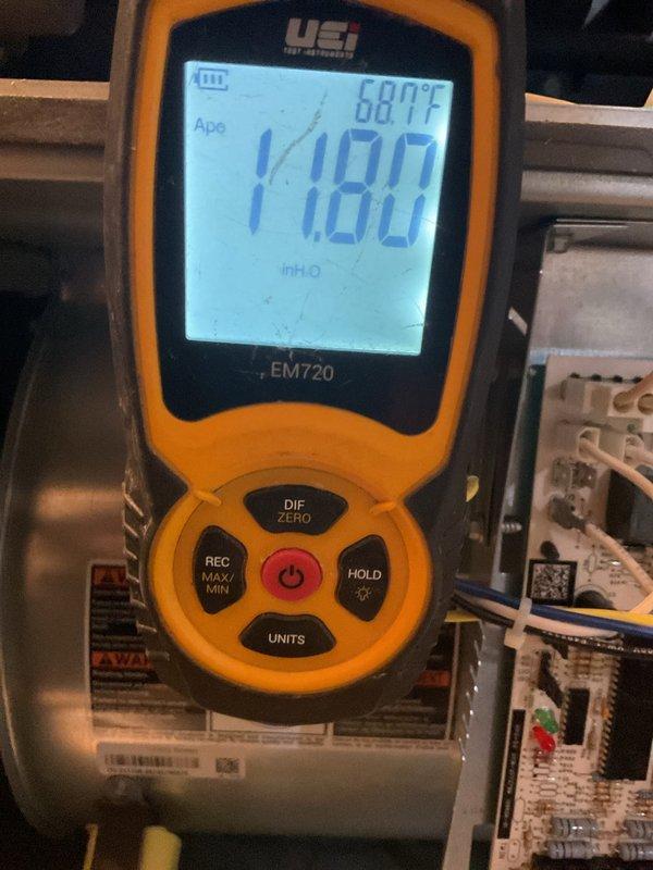 Performed scheduled maintenance on 3-year-old MVP gas furnace. Conducted electrical diagnostics with multimeter showing 49.3V reading. Measured temperature at 68.9°C and pressure at 1100 inH2O using UEi EM720 testing device. System functioning within normal parameters.