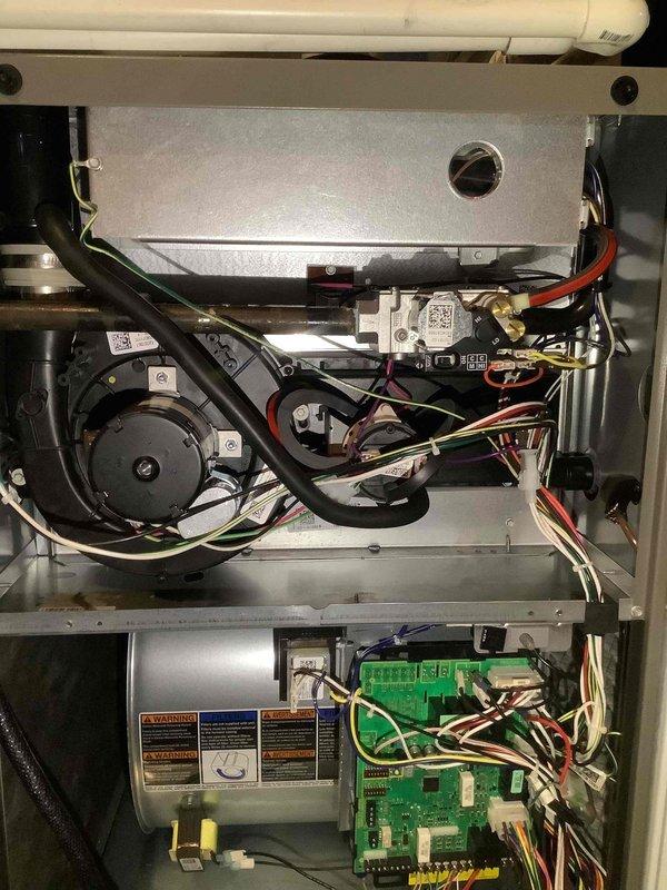 Performed scheduled MVP Heating maintenance visit. Inspected control board circuitry and connections, noting proper functionality of PCB components including terminal blocks and jumper settings. Examined blower motor assembly and associated wiring harnesses, confirming all connections were secure and operational. System testing completed with no issues identified.