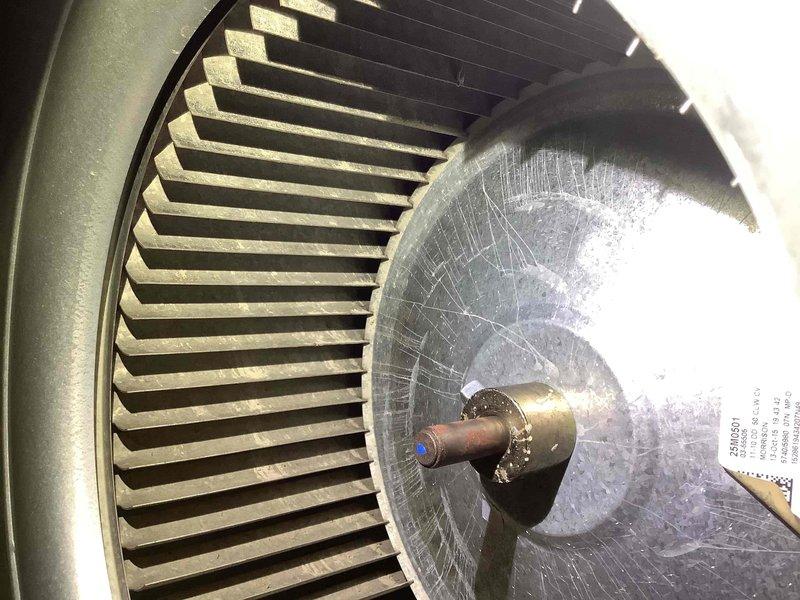 Performed scheduled maintenance on Lennox heating system. Inspected blower wheel assembly which showed signs of wear and scratching on the hub disc. Examined interior components including motor, fan assembly, electrical connections, and control boards to ensure proper functionality.