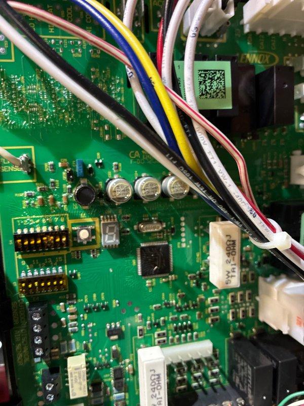 Performed scheduled MVP Heating service on Lennox system. Inspected control board connections and verified proper wire terminal connections using hex key. All electronic components on PCB were in good condition with no visible damage or corrosion.