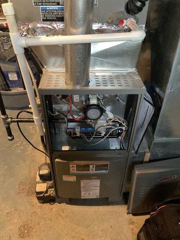 Diagnosed continuous operation issue with new furnace not reaching setpoint temperature. Performed temperature differential testing (112.1°F reading) and found improper control board settings. Adjusted parameters and verified proper cycling with improved heat distribution, restoring system operation to manufacturer specifications.