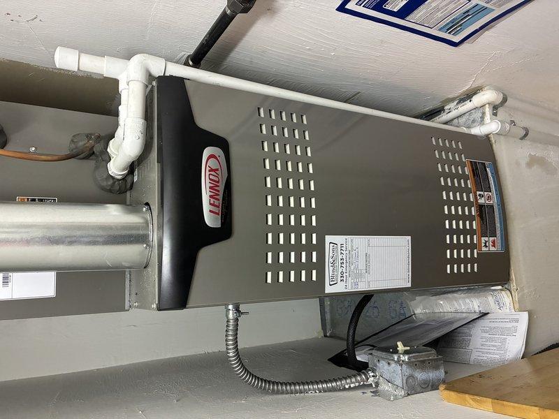 Performed scheduled MVP heating maintenance service on Lennox furnace system. Conducted visual inspection of furnace components and housing, which appeared in good working condition with no visible damage. Checked control board connections and wiring, confirming all terminals were secure with proper wire placement and no signs of electrical issues.