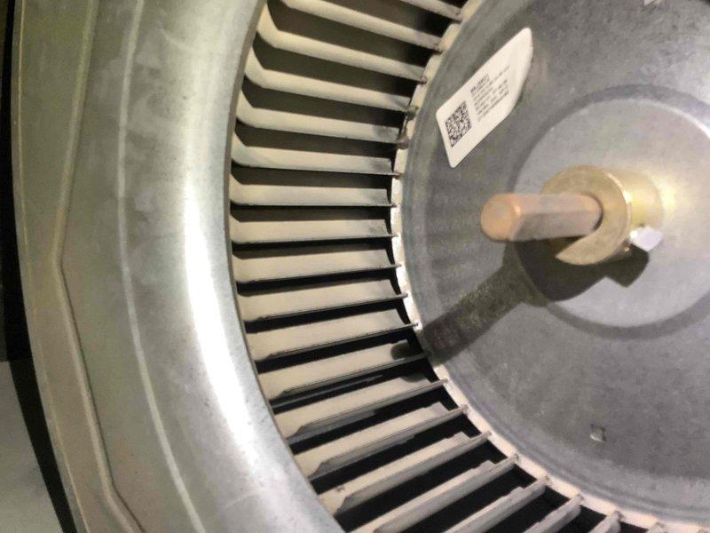Performed scheduled MVP Heating maintenance service which included inspection and cleaning of the blower wheel assembly that showed light dust accumulation. Inspected electrical connections and terminal components, ensuring proper mounting of connectors and verifying integrity of wiring harness including red, yellow, and green wires.
