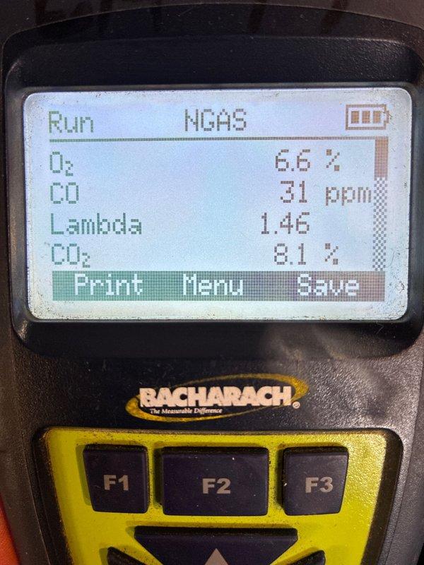 Performed scheduled furnace tune-up on 7-year-old Lennox system. Conducted combustion analysis using Bacharach analyzer, confirming acceptable readings (O₂: 6.6%, CO: 31ppm, Lambda: 1.46, CO₂: 8.1%). System operating within manufacturer specifications with proper venting configuration.