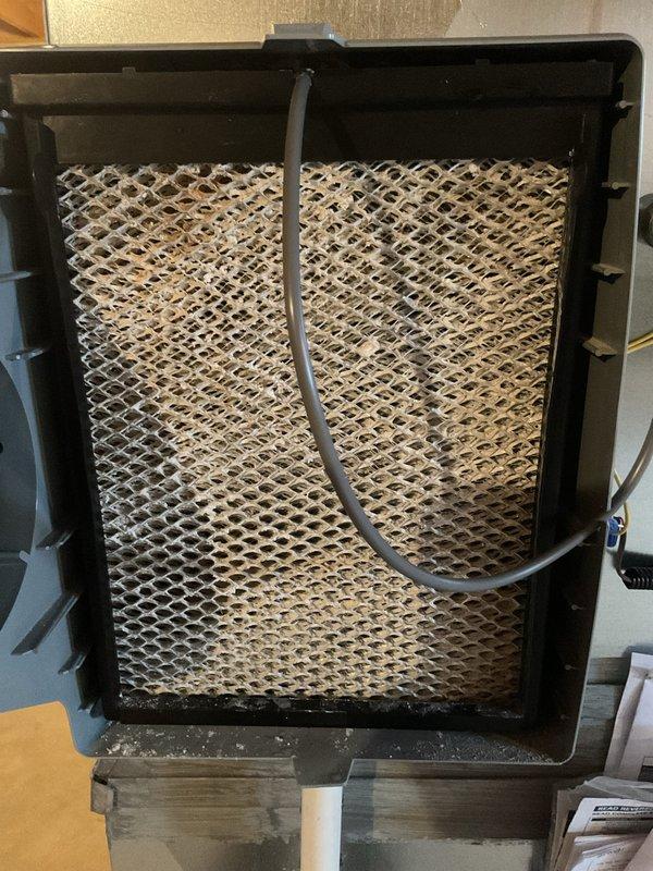 Performed scheduled MVP Heating maintenance service. Inspection revealed severely soiled filter with significant dust accumulation and heavily contaminated evaporator coil/air handler unit showing brownish-black debris buildup. Recommended immediate replacement of filter and professional cleaning of coil assembly to restore proper system efficiency and prevent potential airflow restrictions.