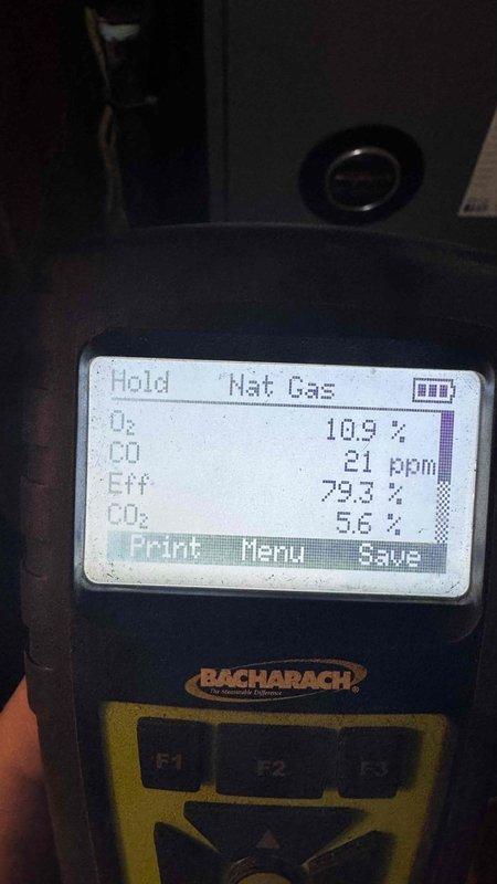 Responded to customer complaint of furnace making screeching noise. Inspection revealed faulty igniter assembly which was replaced. Combustion analysis performed with Bacharach analyzer showing system now operating at 79.3% efficiency with acceptable CO levels (21 ppm) and proper O₂/CO₂ readings. Unit restored to normal operation with no unusual noises.