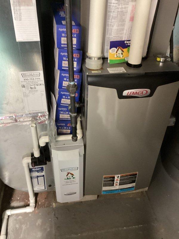 Performed scheduled MVP Heating Visit (rolled from previous appointment). Inspected Lennox furnace system with connected PVC exhaust venting. Replaced air filter with new AprilAire 16 x 25 x 4 filter, ensuring proper installation to maintain system efficiency and air quality. Verified proper operation of attached humidifier component.