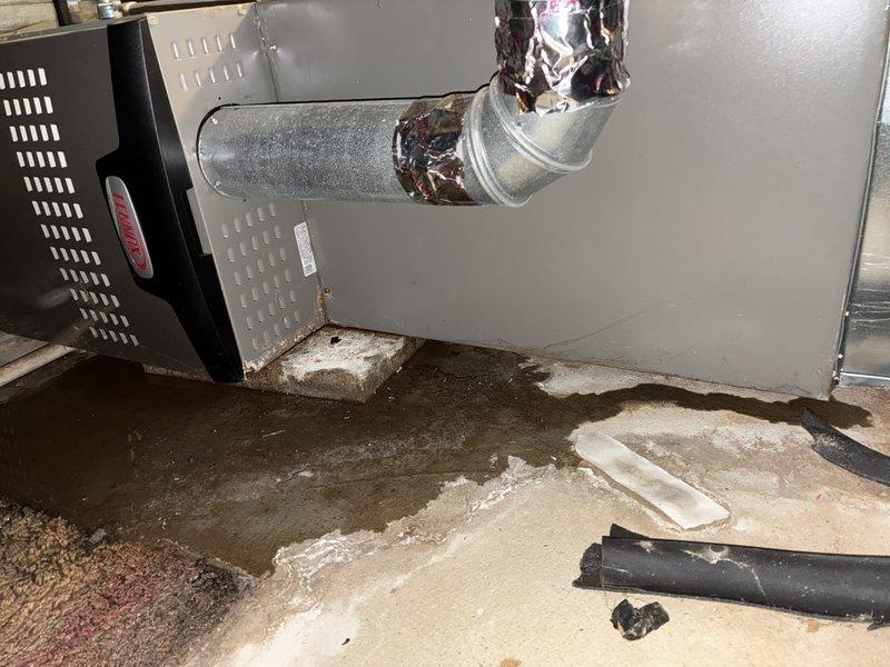 Performed scheduled MVP heating maintenance service that was rescheduled from previous appointment. Upon inspection, identified significant water damage around the furnace area with visible moisture on concrete flooring and a severely water-damaged carpet section showing mold/mildew growth. Observed potential leak from HVAC system with water accumulation near the unit's base and around connected ductwork. Documented conditions with photos for further assessment.