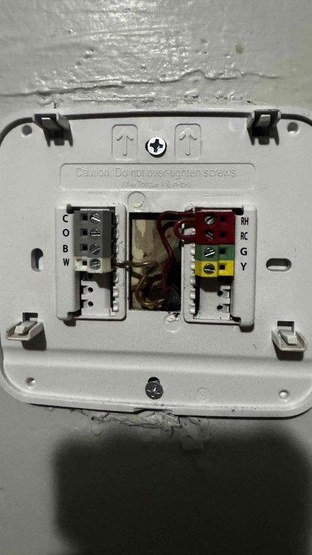 Performed diagnostic service on non-functioning furnace. Inspected and identified dirty air filter (PAMLICO brand) requiring replacement. Examined thermostat wiring connections at C, O, R, W and RH, RC, G, Y terminals, confirming proper installation and securing all connections to restore system operation.