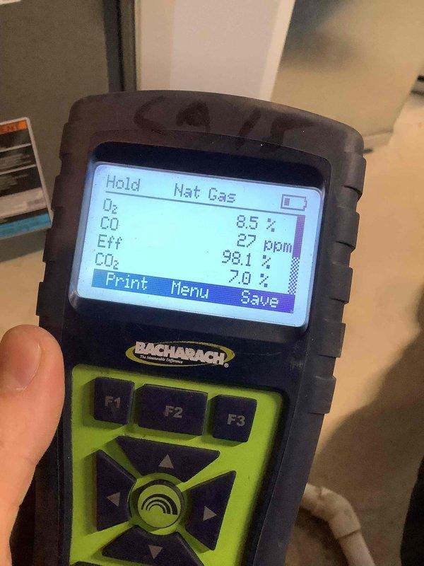 Performed recurring maintenance on 8-year-old heating system. Conducted combustion analysis using Bacharach analyzer, measuring CO, O2, CO2, and efficiency levels. Inspected control board and electrical connections, verifying proper wire terminations and component functionality.