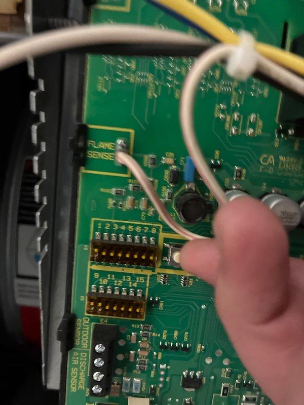 Performed scheduled maintenance on 5-year-old MVP gas furnace which had been rescheduled due to weather conditions. Inspected control board with particular attention to flame sensing circuit and connections. Removed and examined flame sensor rod, cleaned component to ensure proper ignition detection and system operation.