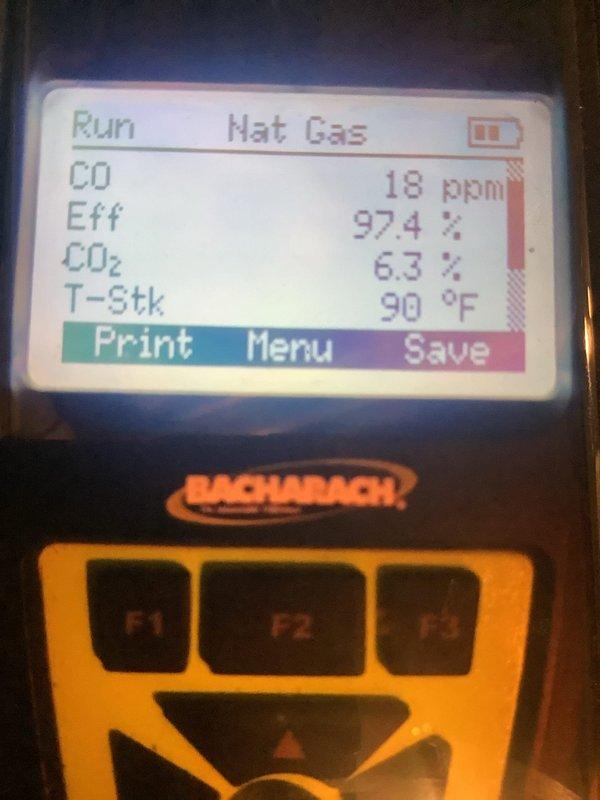 Performed routine maintenance on heating system as part of MVP service. Combustion analysis showed excellent efficiency with readings of 97.4%, CO at 18ppm, and stack temperature at 90°F. Inspected iWave air purifier which customer reported was installed incorrectly, serviced and verified proper operation. Successfully installed customer-provided ecobee thermostat.