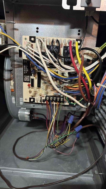 Performed scheduled MVP furnace maintenance service. Inspected blower wheel assembly for debris and proper operation - found in good working condition with no obstructions. Examined control board and electrical connections, verifying all wiring terminals were secure and properly connected with no signs of wear or damage to the circuit components.