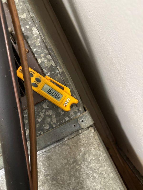 Completed installation of a 90% efficient furnace with proper venting. Temperature readings of 160.8° were verified at the heat exchanger to confirm proper operation. Connected condensate drain lines with PVC piping and checked all copper and flexible line connections for integrity.