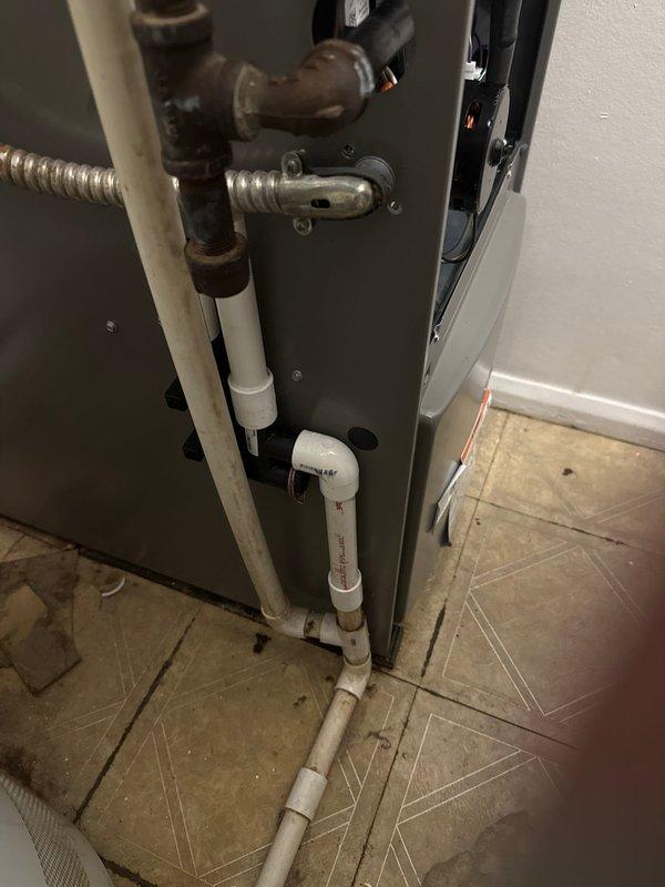 Completed installation of a 90% efficient furnace with proper venting. Temperature readings of 160.8° were verified at the heat exchanger to confirm proper operation. Connected condensate drain lines with PVC piping and checked all copper and flexible line connections for integrity.