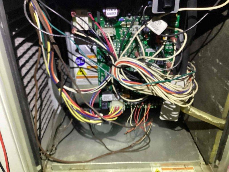 Responded to service call for non-functioning furnace. Diagnostic inspection revealed significant corrosion on the fan motor assembly and faulty circuit board connections. Replaced circuit board and cleaned corroded components to restore proper operation of the heating system.
