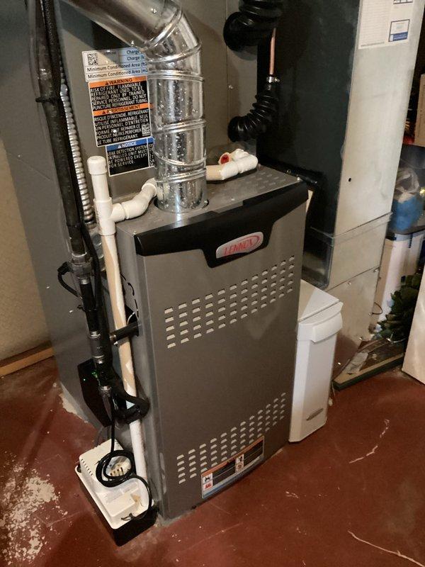 Performed annual maintenance on 1-year-old Lennox MVP natural gas furnace. Inspected and verified proper operation of all components including ductwork connections and PVC intake/exhaust piping. Examined air filter which showed minimal dust accumulation and remains in good working condition. System is operating within manufacturer specifications with no issues detected.