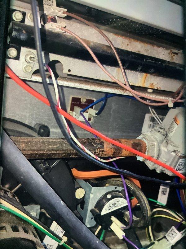 Performed MVP Heating maintenance service and inspected control board (ID FR103085-03) and internal wiring components. Noted rust and corrosion on metal housing frame and documented existing ductwork condition. Customer requested quote for replacement of several ducts and installation of new ductwork for currently open vents.