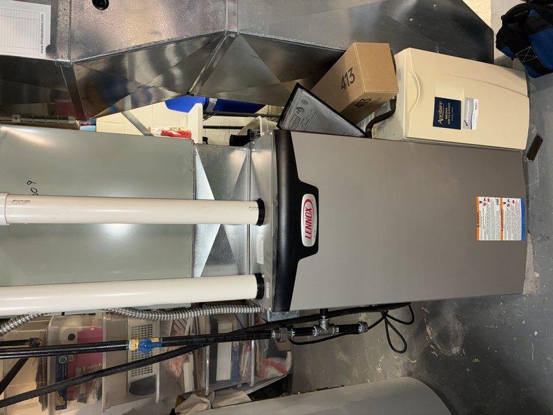 Performed scheduled maintenance on Lennox furnace system. Inspected installation components including PVC exhaust ventilation, ductwork connections, and electrical connections. All systems functioning properly with no issues identified.