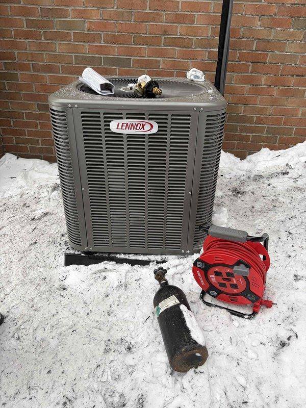 Successfully completed installation of a new 80% FRN furnace with matching Lennox AC outdoor unit. System was properly connected to existing ductwork in the mechanical room, with all necessary electrical and refrigerant lines installed according to manufacturer specifications. Final inspection confirmed proper operation of the complete heating and cooling system.