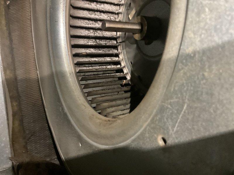 Performed routine maintenance on heating system that had been rescheduled due to weather. Inspected blower assembly which showed significant dust accumulation on squirrel cage fan blades. Examined plumbing connections and pipe fittings in utility area, noting condition of both insulated and metal piping components.