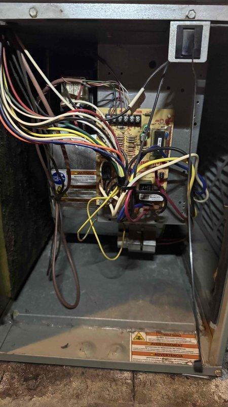 Performed scheduled heating maintenance service. Identified and documented structural damage including cracks and splits in ductwork. Inspected electrical control panel and wiring connections for proper operation.