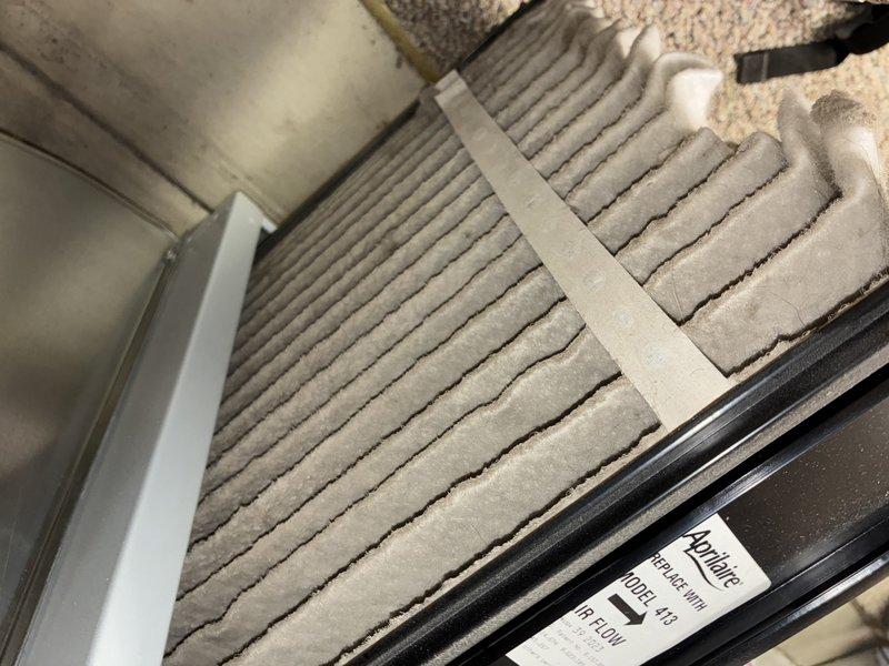 Performed routine furnace maintenance under MVP membership for 3-year-old system. Inspected and evaluated air filter system, noting significant dust accumulation on the Aprilaire filter element and diamond-patterned mesh filter, indicating both are due for replacement. Made recommendations for filter changes to maintain optimal system performance and efficiency.