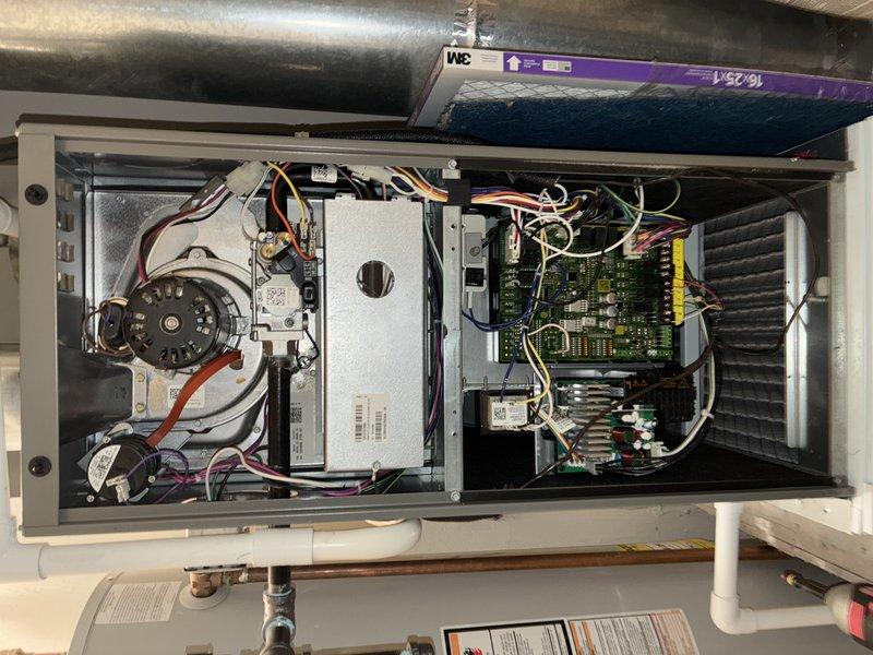 Performed scheduled preventive maintenance on heating system (rolled from previous appointment on 1/8). Inspected air filtration system and found filter in clean condition with no replacement needed. Conducted thorough examination of internal components including blower motor, control board, and electrical connections - all systems functioning properly with no issues identified.