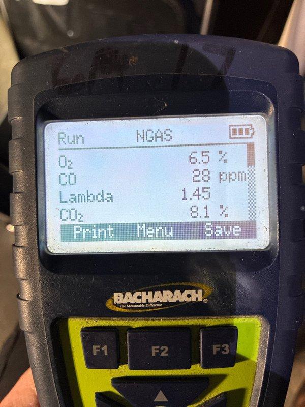 Performed routine maintenance on 3-year-old furnace. Conducted combustion analysis with Bacharach analyzer showing proper operation with readings of O₂: 6.5%, CO: 28ppm, CO₂: 8.1%, and Lambda: 1.45. Inspected and adjusted flame sensor bracket to ensure optimal positioning for reliable system operation.