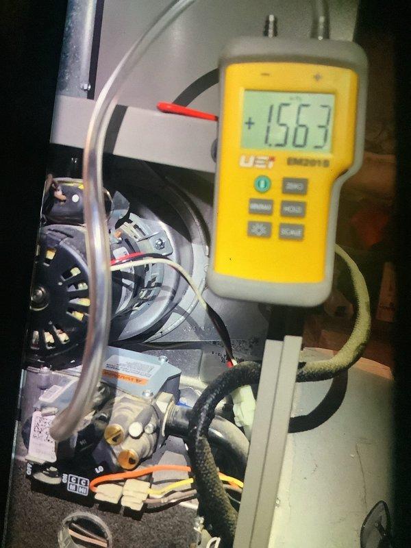 Performed scheduled MVP furnace maintenance. Conducted gas analysis showing 81.2% efficiency with 18 ppm CO and 5.0% CO2 levels. Verified proper gas manifold pressure at 15.63" WC with manometer test.