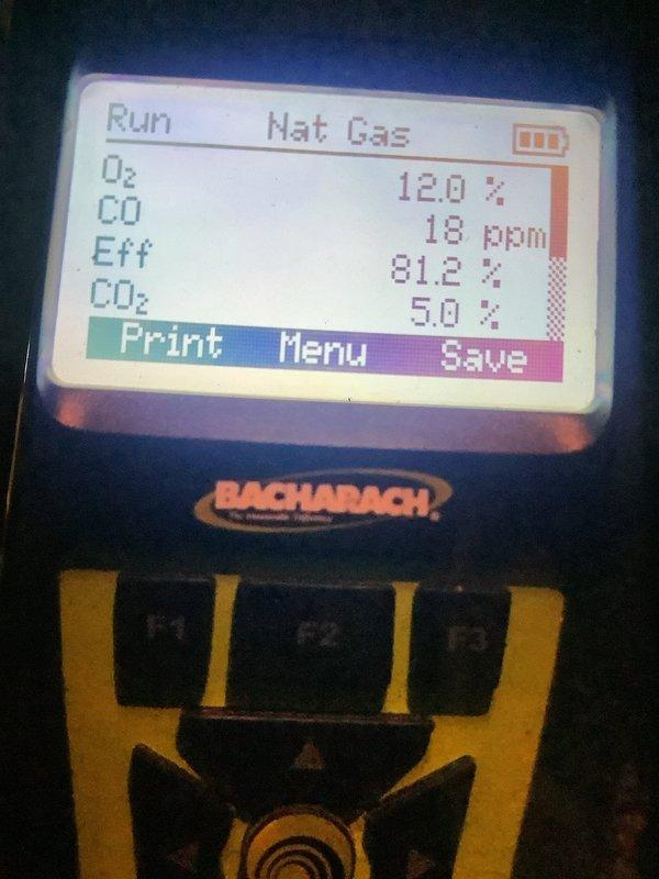 Performed scheduled MVP furnace maintenance. Conducted gas analysis showing 81.2% efficiency with 18 ppm CO and 5.0% CO2 levels. Verified proper gas manifold pressure at 15.63" WC with manometer test.