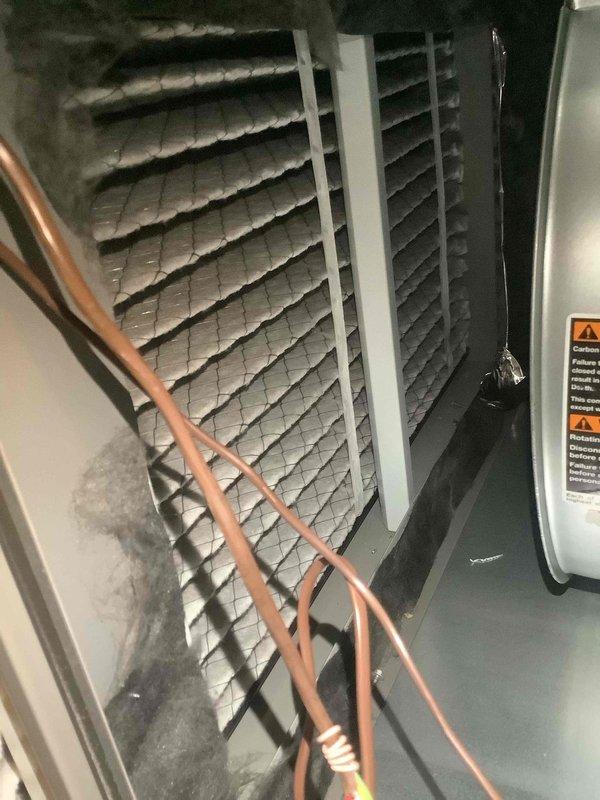 Performed scheduled MVP heating maintenance visit on 2-year-old system. Inspected control board circuitry and connections, noting normal operation with no visible damage to components. Replaced dirty air filter, cleaned accumulated dust from interior components, and checked refrigerant lines, confirming proper insulation at junction points.