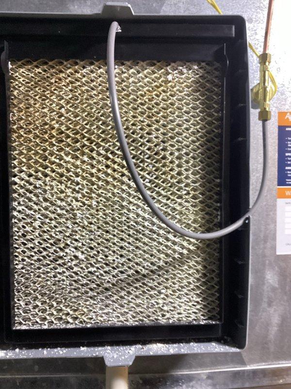 Performed routine maintenance on 14-year-old MVP furnace system. Inspected and cleaned evaporator coil/humidifier component with honeycomb mesh structure. Replaced Aprilaire 600 filter as requested and verified proper operation of attached air purification system.