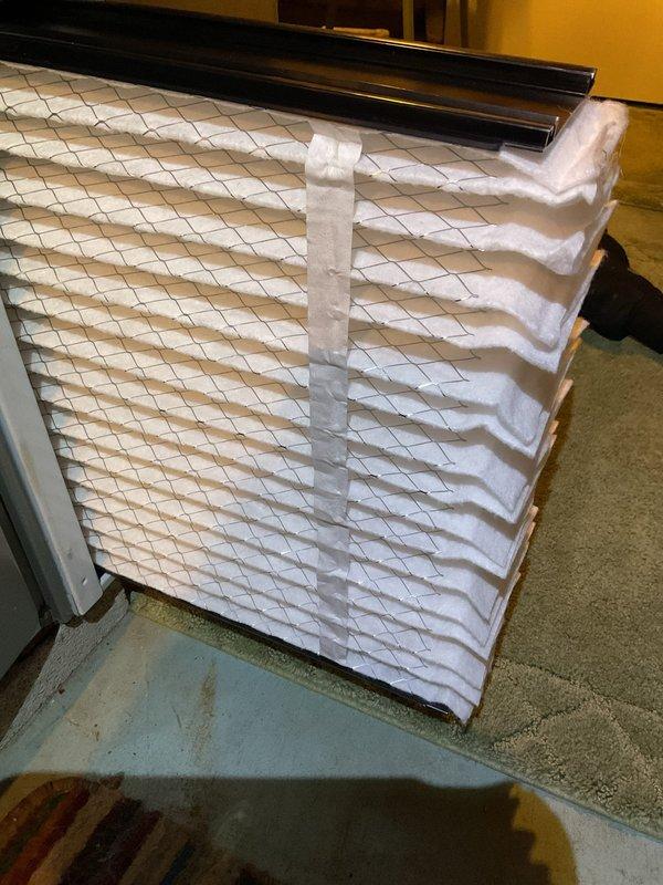 Performed scheduled MVP furnace maintenance on 4-year-old unit. Inspected and documented condition of pleated air filter, which appeared to be in serviceable condition. Conducted temperature differential testing using probe thermometer to verify proper system operation and heating performance.