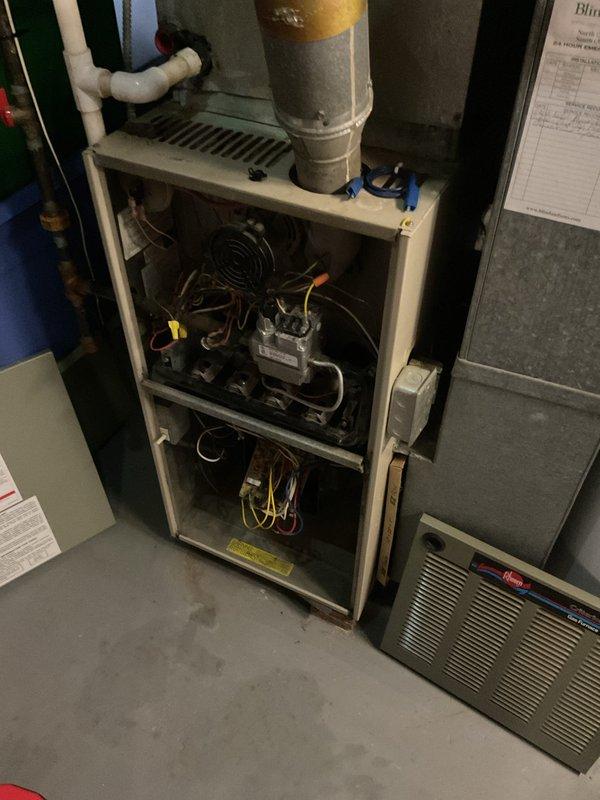 Responded to no-heat call for 30-year-old furnace. Inspection revealed deteriorated control wiring with multiple connection issues. Serviced electrical components, reconnected loose wires, and tested system operation to restore heating function.