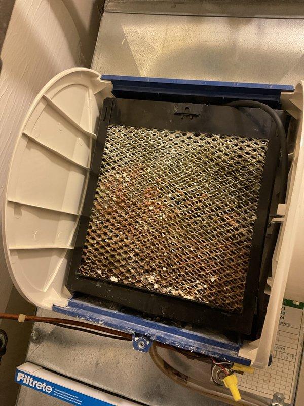 Performed MVP maintenance checkup on Lennox furnace system. Inspected humidifier that was previously reported as non-functional; discovered severely clogged Filtrete filter with significant dust/debris accumulation requiring replacement. Serviced unit and restored proper humidifier operation.