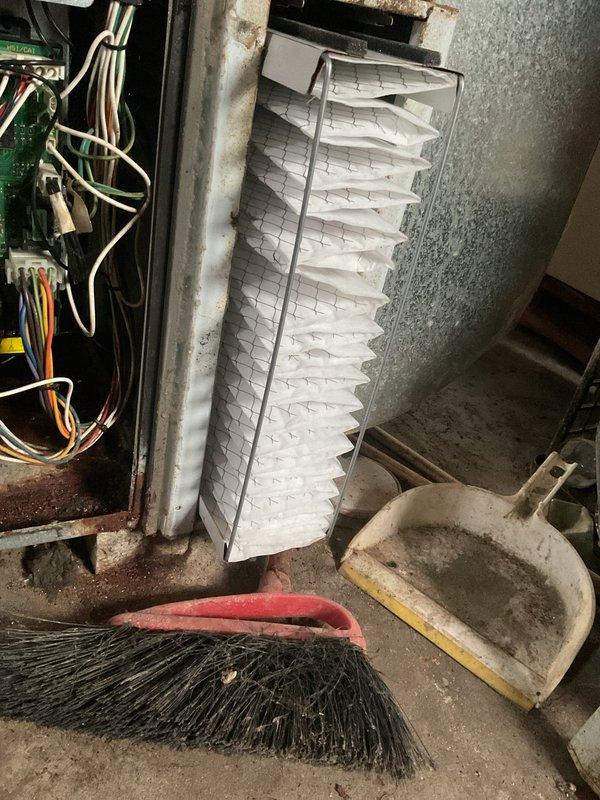 Performed routine MVP heating maintenance on 9-year-old system. Inspected control board connections and wiring integrity. Replaced dirty pleated air filter showing significant dust accumulation and cleaned surrounding area of debris. Used specialized tools to adjust internal components as part of standard maintenance protocol.