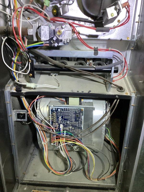 Performed scheduled maintenance on customer's furnace per MVP agreement. Inspected filter and found significant dust accumulation and potential mold growth requiring replacement. Examined internal components including gas valve assembly, circuit board, and wiring connections - all functioning properly with no visible damage or anomalies.