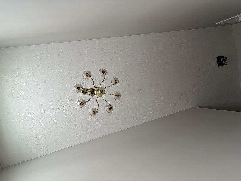 Successfully installed customer-provided chandelier-style light fixture in two-story foyer. Mounted decorative multi-arm fixture with glass shades to ceiling, replacing previous fixture. All connections were properly secured and fixture was tested for functionality.
