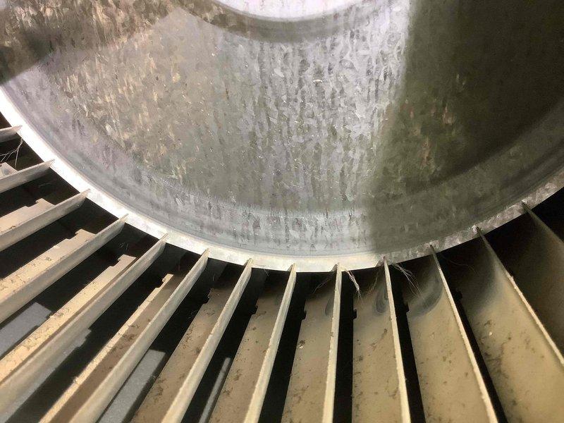 Performed scheduled maintenance on MVP furnace. Inspected blower assembly which showed normal dust accumulation on fan blades. Removed and replaced heavily soiled air filter with significant particulate buildup, restoring proper system airflow.