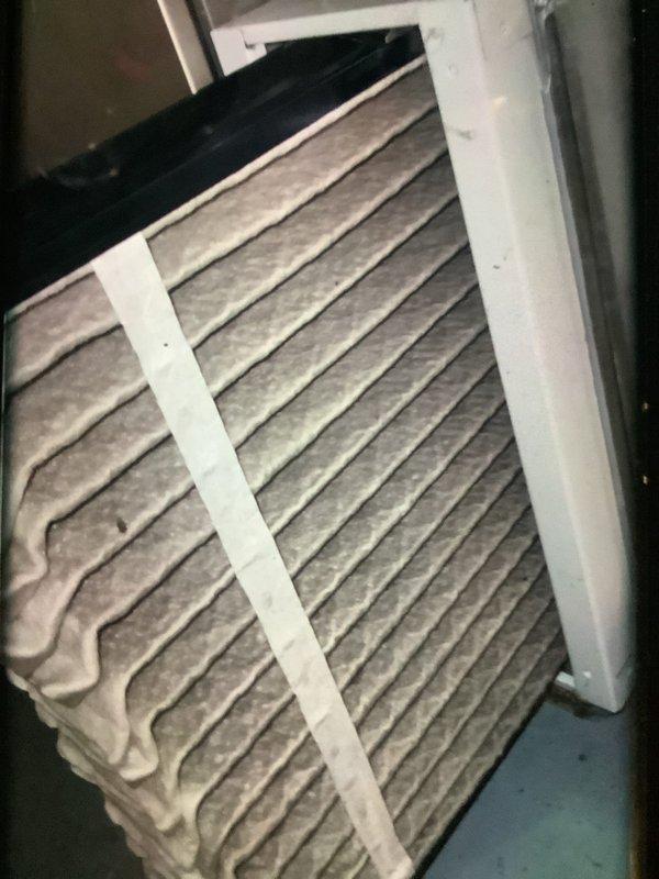 Performed routine MVP heating maintenance visit. Conducted system diagnostics with UEi EM201B gauge, obtaining pressure reading of +3584. Inspected furnace filter which showed significant dust accumulation, indicating replacement is needed soon.