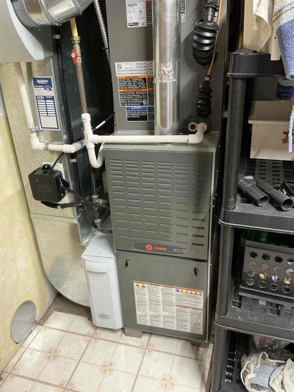 Successfully installed new Trane 80% efficient furnace with associated ductwork and drainage system. Integrated Aprilaire humidifier with control panel and connected digital thermostat. All systems tested and functioning properly.