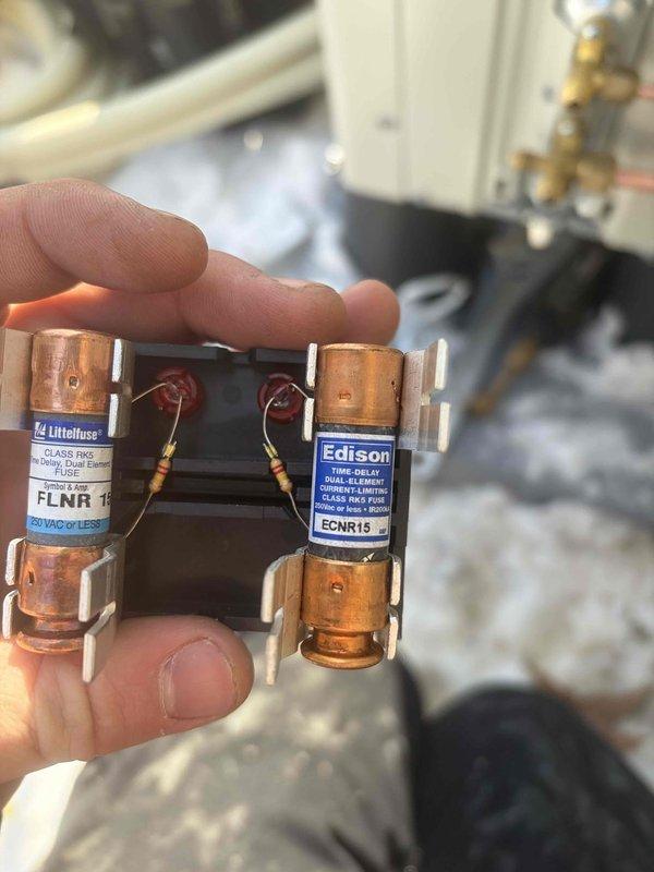 Installed 1-1 minisplit system in garage. Verified proper leveling of the interior unit using spirit level and installed appropriate electrical protection with 15A FLNR and ECNR fuses. FAMOUS parts were sourced and on hand for installation.