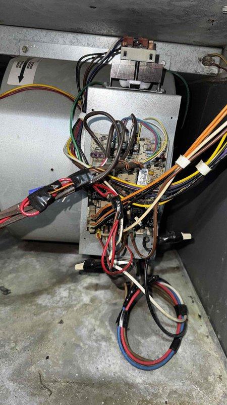 Diagnosed 20+ year old furnace with no heat operation. Performed comprehensive inspection of control board and wiring connections. Identified significant wear on circuit board terminals with multiple discolored wire connections. Replaced control board and properly secured all wiring to restore heating function.