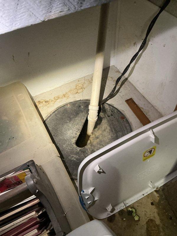 Replaced leaking Rheem 40-gallon water heater with new Bradford White 40-gallon unit including installation of new cold water shut-off valve, expansion tank, and humidifier tee with shut-off valve. Additionally, installed new sump pump with check valve and necessary piping after confirming original unit was non-operational.